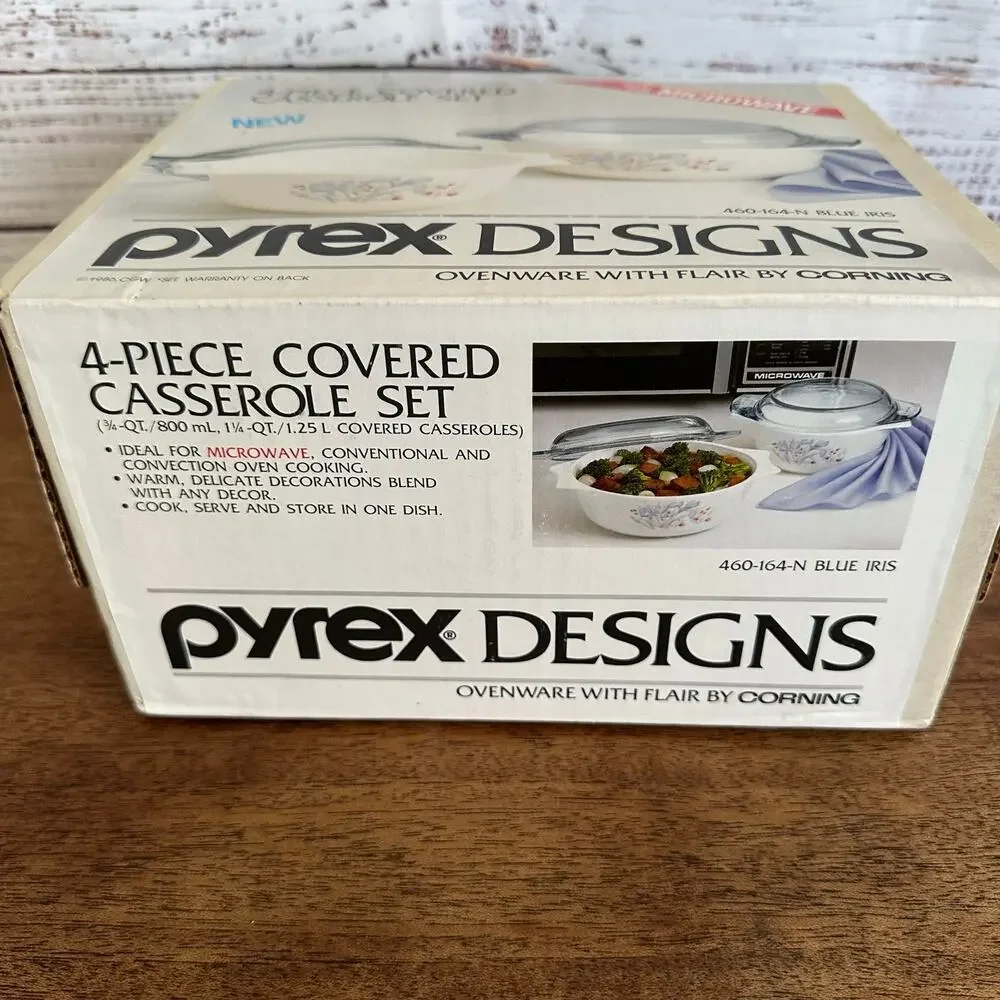 VTG Sealed Pyrex Designs 4 Pc Covered Casserole Set Blue Iris 460-164N England
